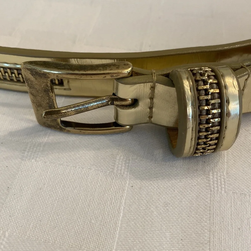Etcetera Vintage Gold Metallic Leather Skinny Statement Belt Zipper Detail XS